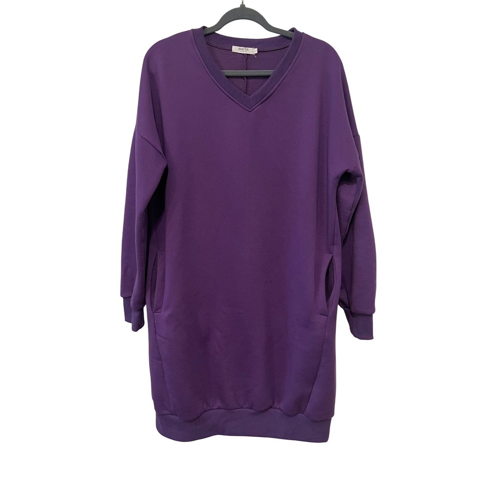 Haute Edition Purple V-Neck Sweatshirt Dress Long Sleeve L (1156)